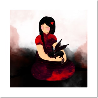 Girl with cat on black cloud Posters and Art